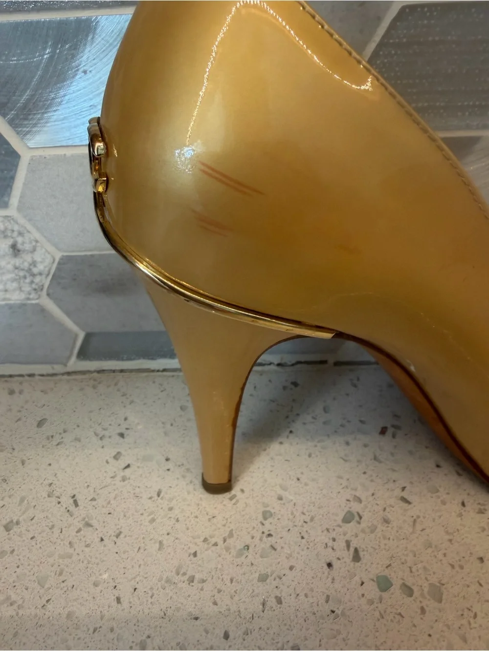 Name Your Price. CHANEL Gold Patent Leather Heels with CC Logo